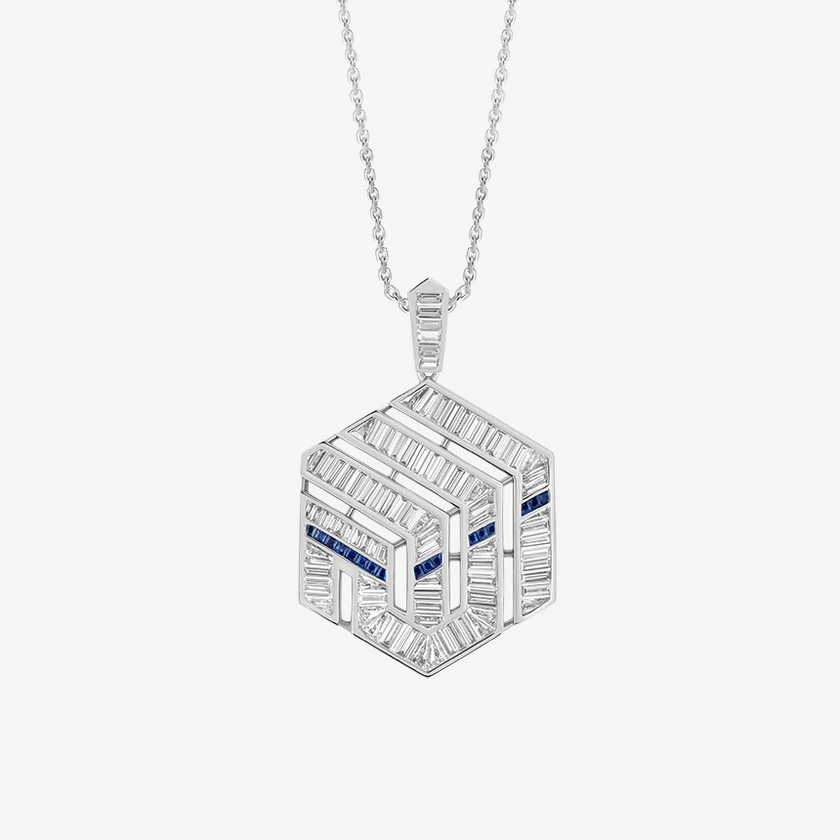Alaghband Kaaba Pendant with Diamonds and Blue Sapphires - Alaghband Jewelry