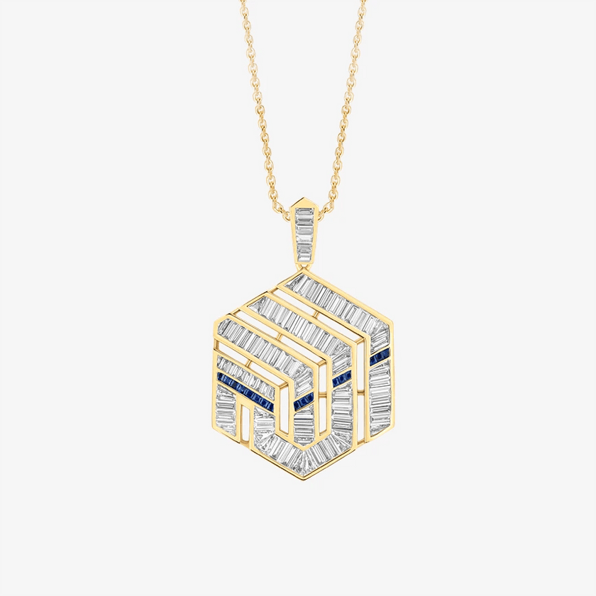 Alaghband Kaaba Pendant with Diamonds and Blue Sapphires - Alaghband Jewelry