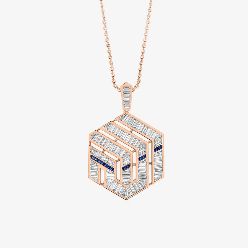Alaghband Kaaba Pendant with Diamonds and Blue Sapphires - Alaghband Jewelry