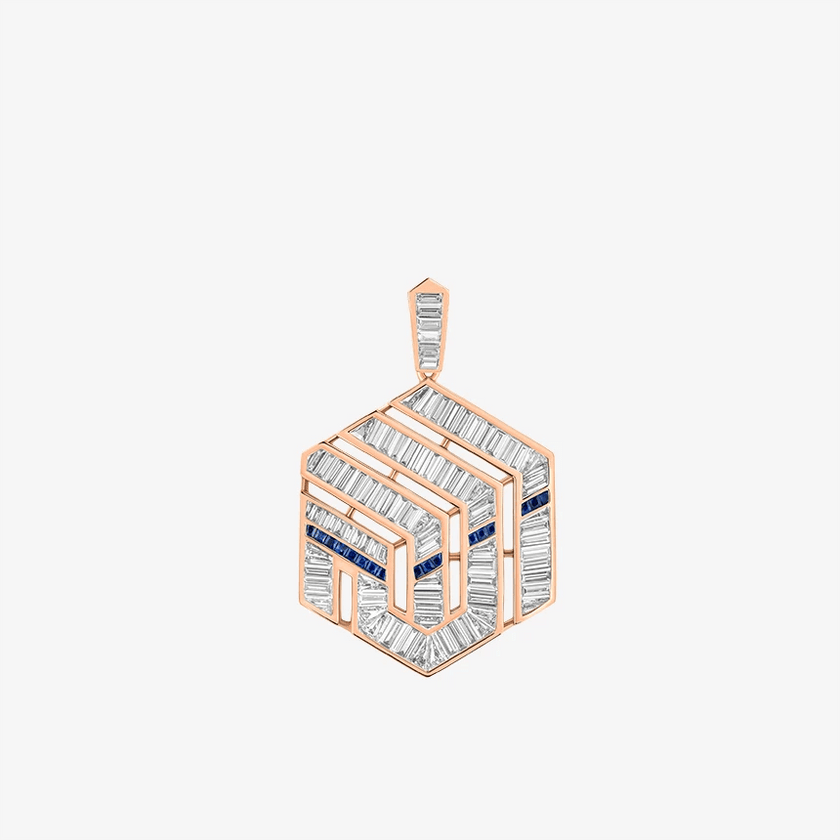 Alaghband Kaaba Pendant with Diamonds and Blue Sapphires - Alaghband Jewelry
