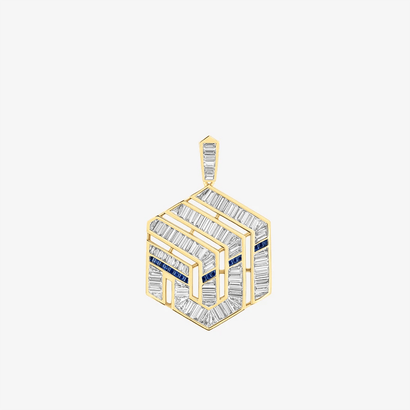 Alaghband Kaaba Pendant with Diamonds and Blue Sapphires - Alaghband Jewelry