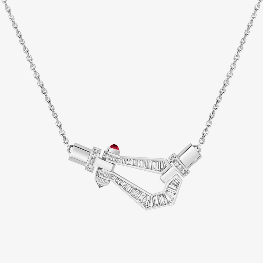 Alaghband Kite Necklace with Baguette Cut Diamonds and Ruby Pin, Medium