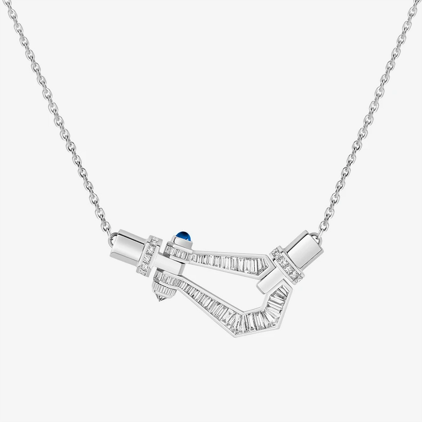 Alaghband Kite Necklace with Baguette Cut Diamonds and Blue Sapphire Pin, Medium