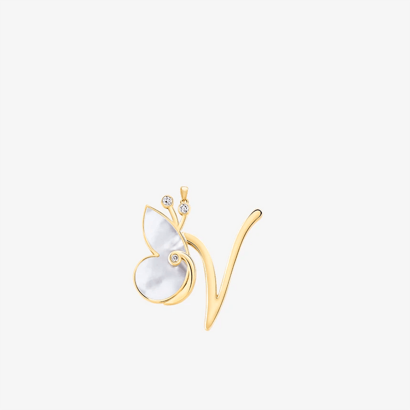 Alaghband Initials V Pendant with Mother of Pearl - Alaghband Jewelry
