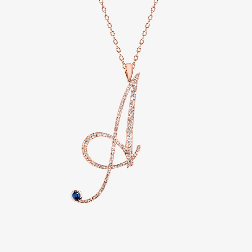 Alaghband Initials A Pendant with Diamonds & Blue Sapphire - Alaghband Jewelry