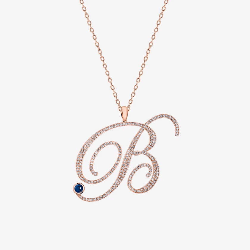 Alaghband Initials B Pendant with Diamonds & Blue Sapphire - Alaghband Jewelry