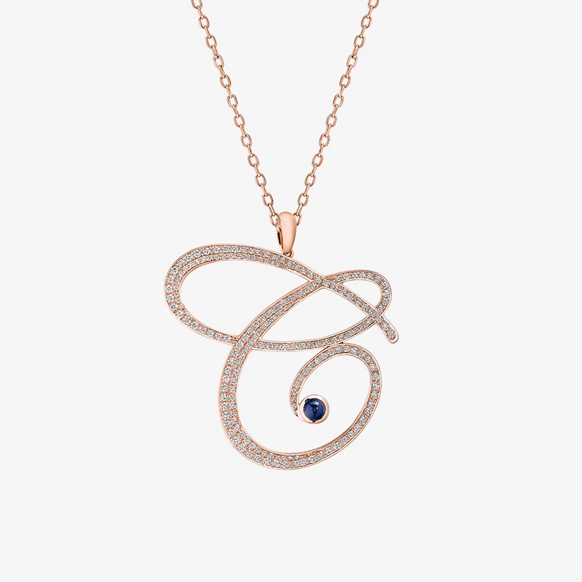 Alaghband Initials C Pendant with Diamonds & Blue Sapphire - Alaghband Jewelry