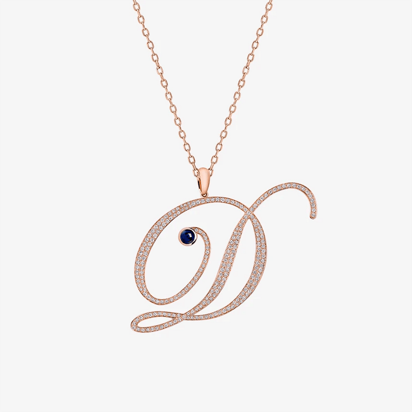 Alaghband Initials D Pendant with Diamonds & Blue Sapphire - Alaghband Jewelry