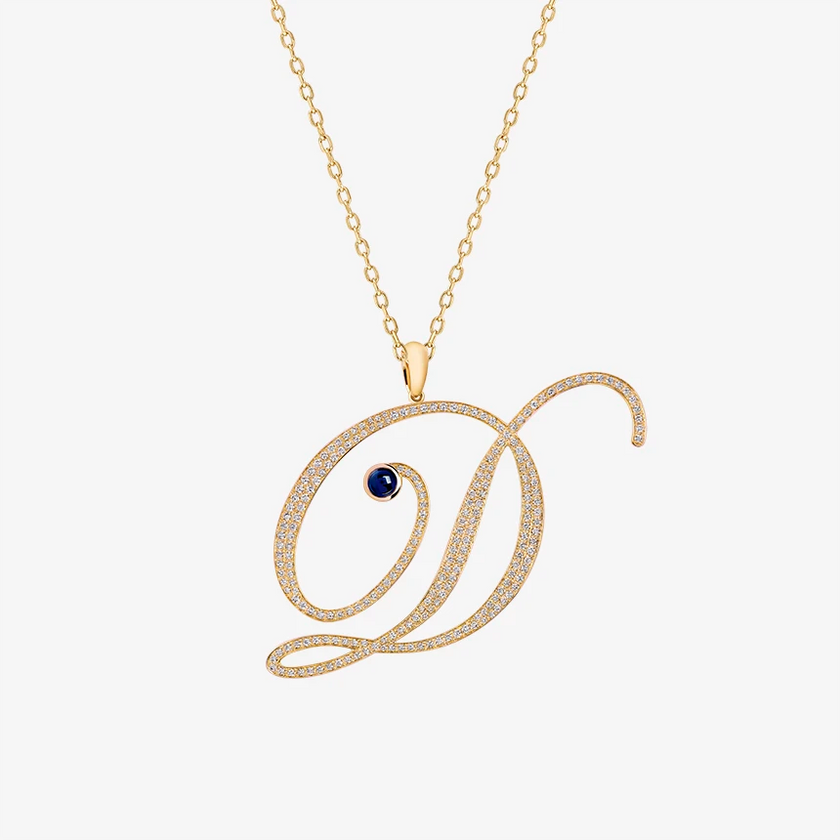 Alaghband Initials D Pendant with Diamonds & Blue Sapphire
