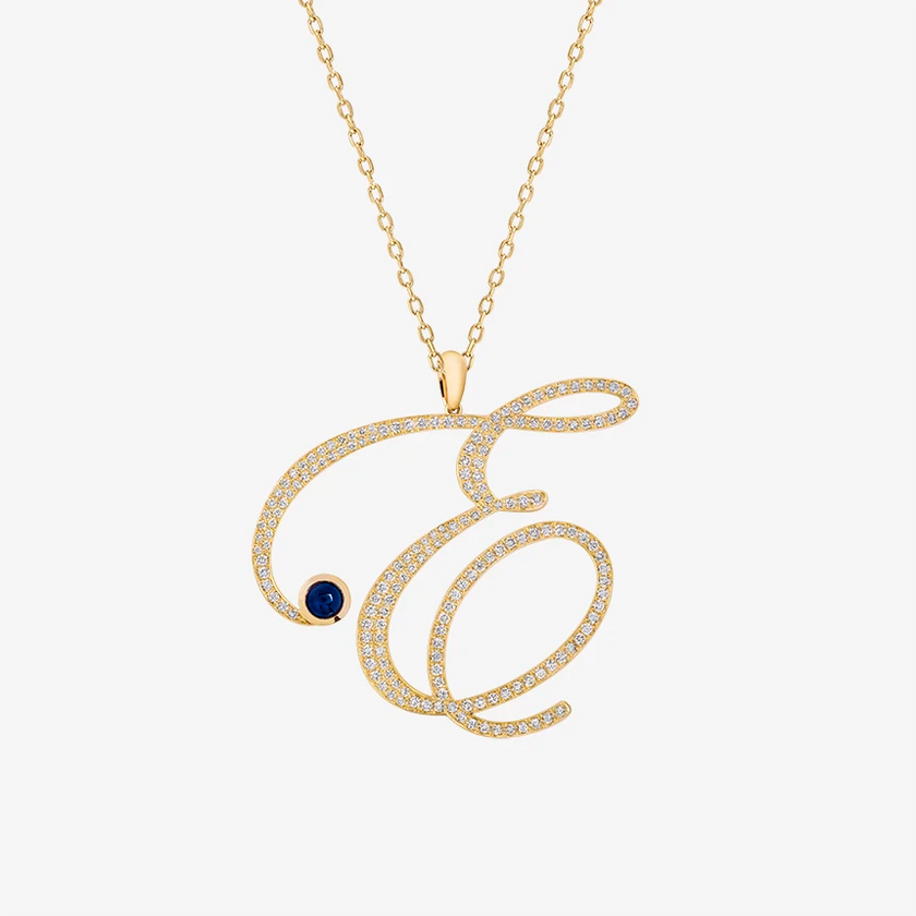 Alaghband Initials E Pendant with Diamonds & Blue Sapphire