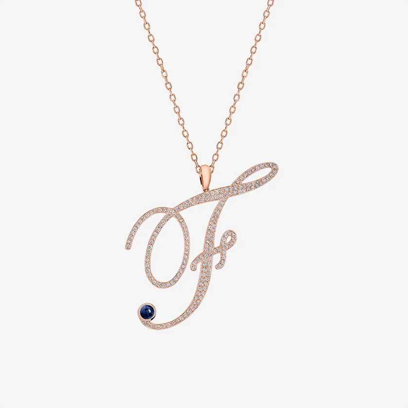 Alaghband Initials F Pendant with Diamonds & Blue Sapphire - Alaghband Jewelry