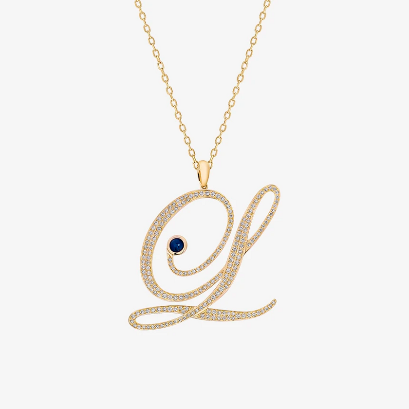 Alaghband Initials L Pendant with Diamonds & Blue Sapphire