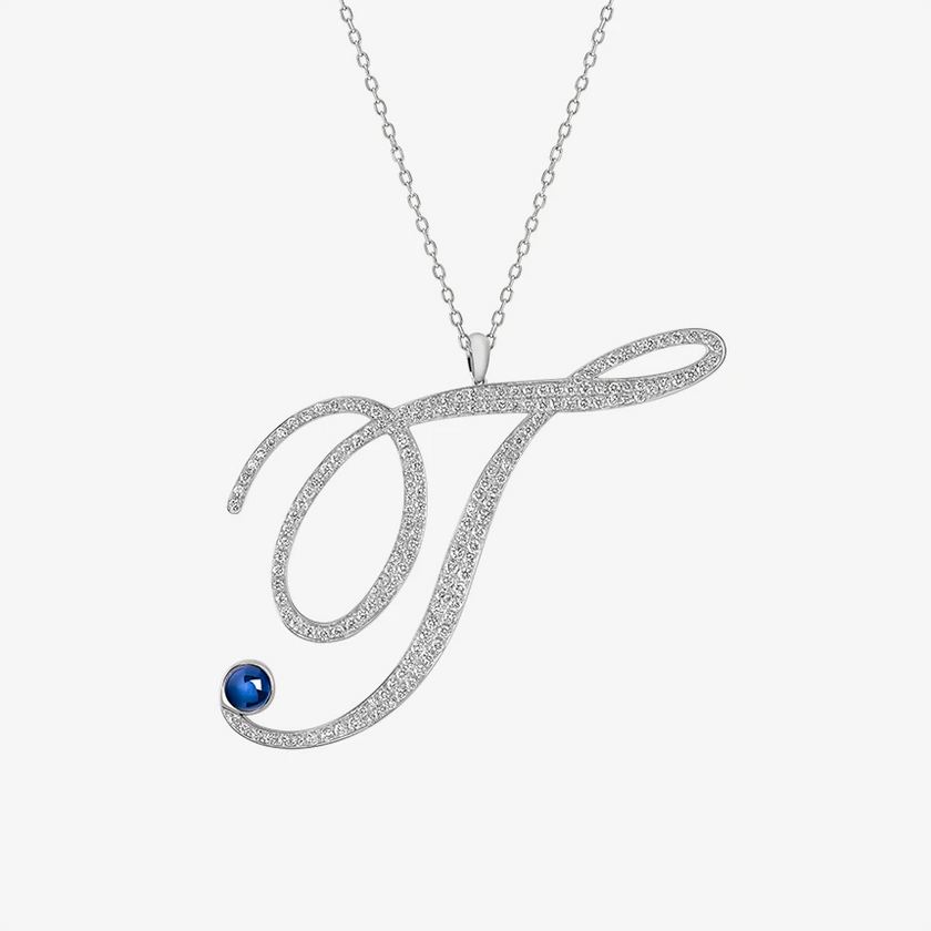 Alaghband Initials T Pendant with Diamonds & Blue Sapphire