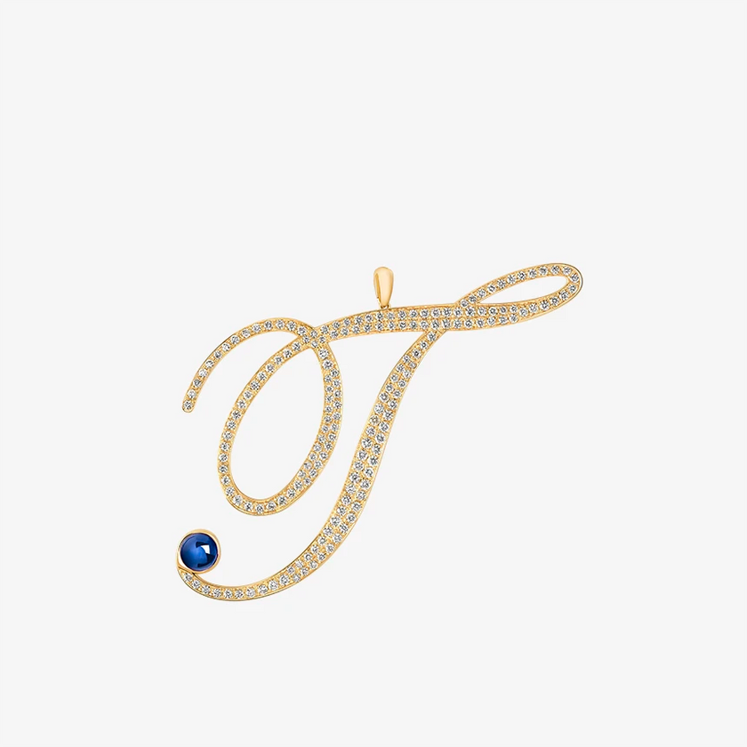 Alaghband Initials T Pendant with Diamonds & Blue Sapphire