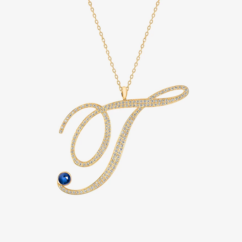 Alaghband Initials T Pendant with Diamonds & Blue Sapphire