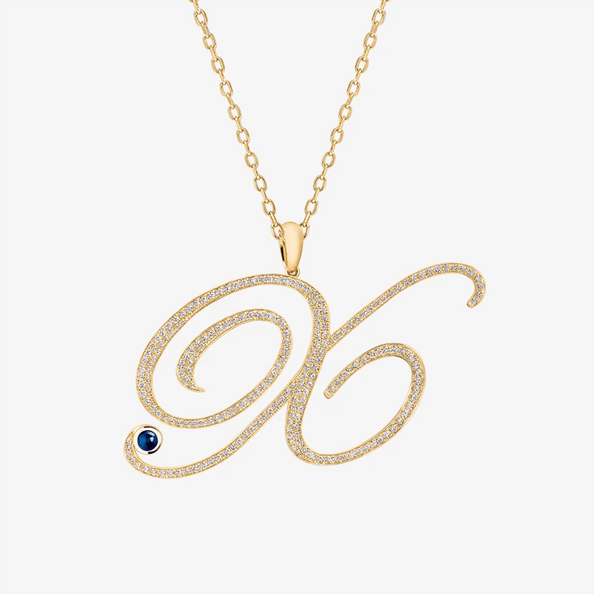 Alaghband Initials X Pendant with Diamonds & Blue Sapphire - Alaghband Jewelry