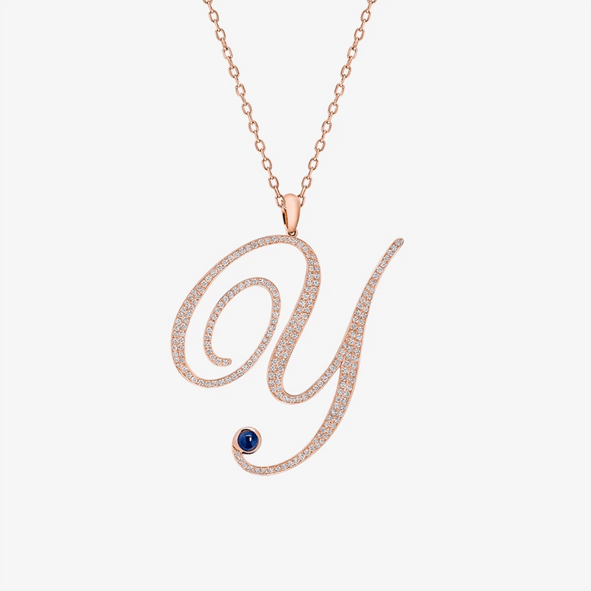 Alaghband Initials Y Pendant with Diamonds & Blue Sapphire - Alaghband Jewelry