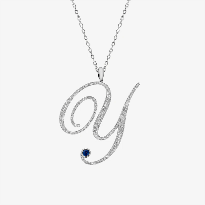Alaghband Initials Y Pendant with Diamonds & Blue Sapphire - Alaghband Jewelry