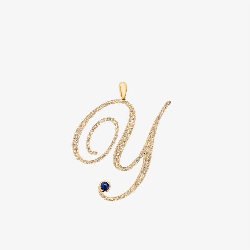 Alaghband Initials Y Pendant with Diamonds & Blue Sapphire - Alaghband Jewelry