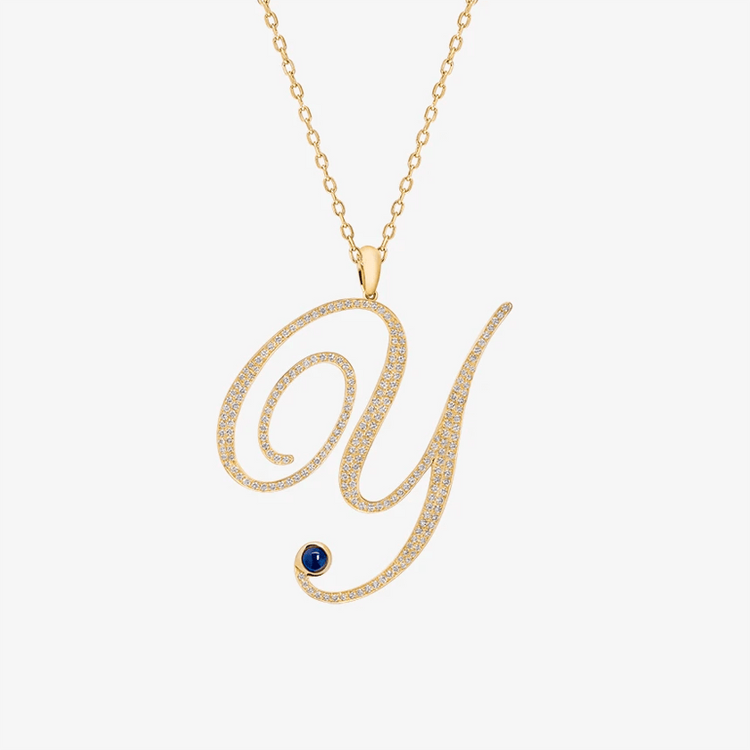 Alaghband Initials Y Pendant with Diamonds & Blue Sapphire - Alaghband Jewelry