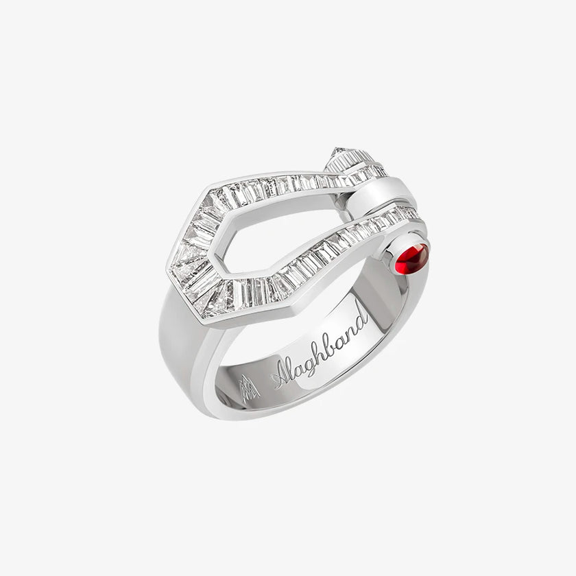 Alaghband Kite Ring with Baguette Cut Diamonds and Ruby Pin