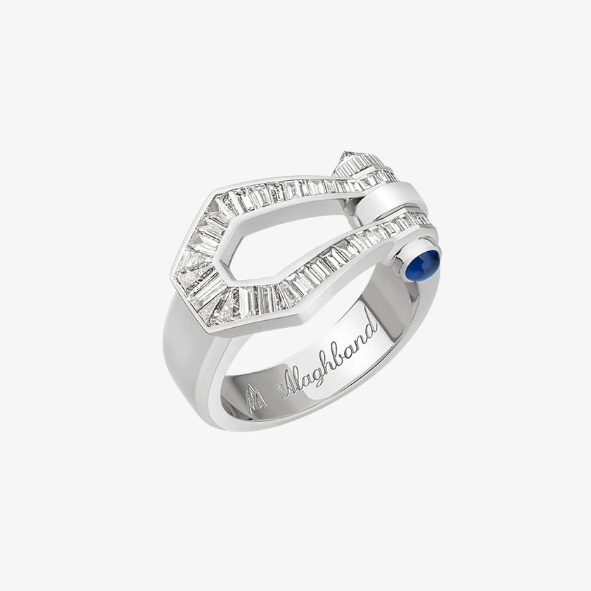 Alaghband Kite Ring with Baguette Cut Diamonds and Blue Sapphire Pin