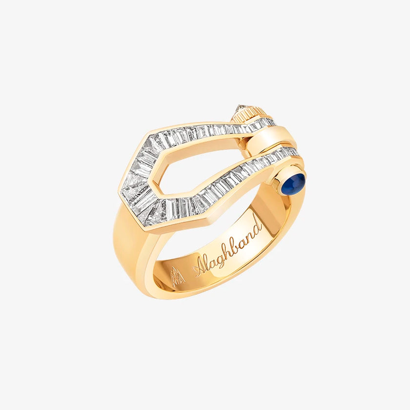 Alaghband Kite Ring with Baguette Cut Diamonds and Blue Sapphire Pin