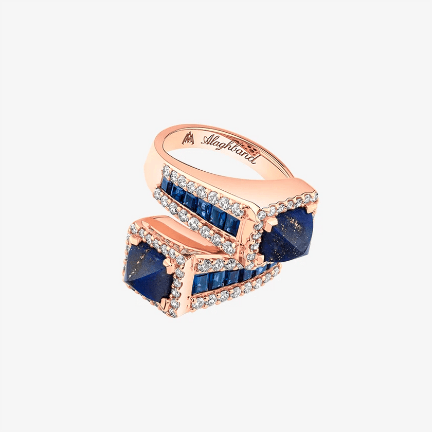 Alaghband Twisted Pyramid Ring with Lapis Lazuli and Blue Sapphires - Alaghband Jewelry