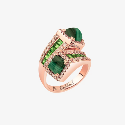 Alaghband Twisted Pyramid Ring with Malachite and Garnets