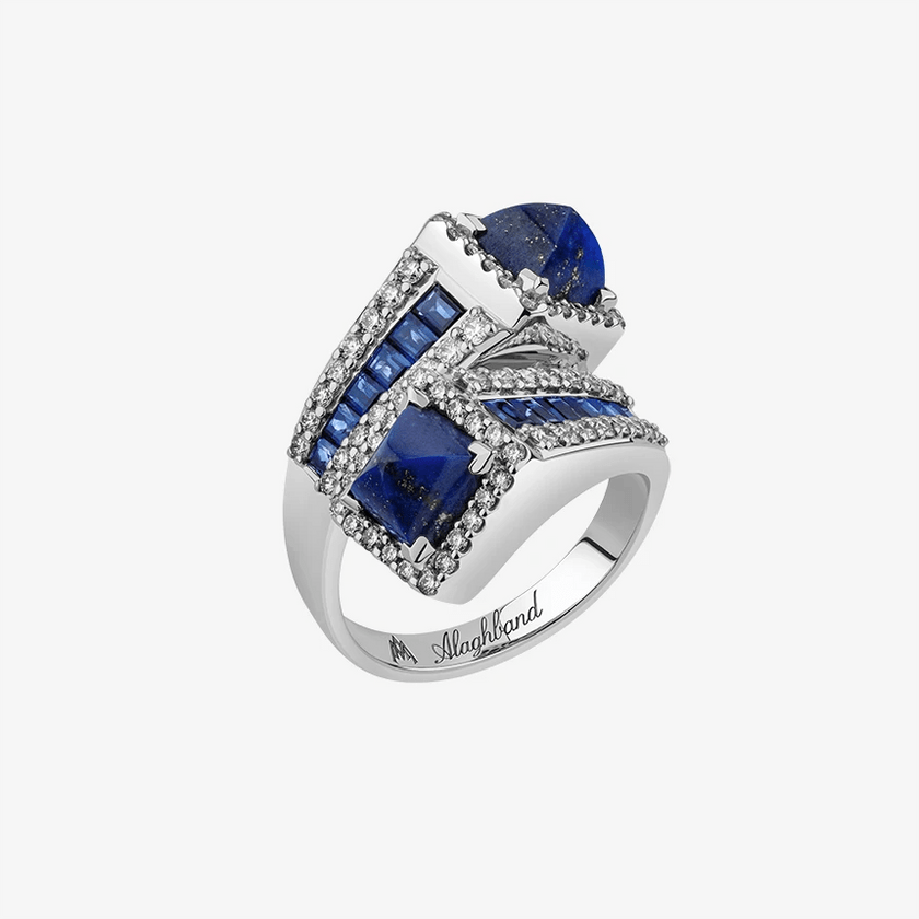Alaghband Twisted Pyramid Ring with Lapis Lazuli and Blue Sapphires - Alaghband Jewelry