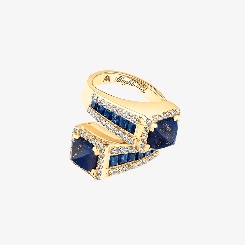 Alaghband Twisted Pyramid Ring with Lapis Lazuli and Blue Sapphires - Alaghband Jewelry