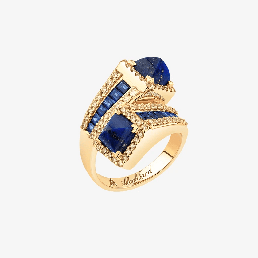 Alaghband Twisted Pyramid Ring with Lapis Lazuli and Blue Sapphires - Alaghband Jewelry
