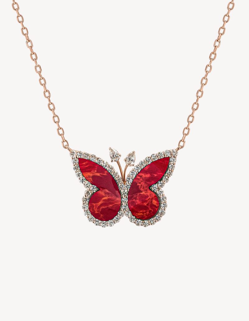 Alaghband Butterfly Necklace With Corals & Diamonds in Rose Gold