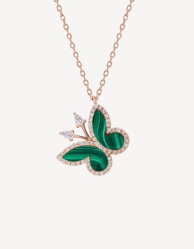 Alaghband Butterfly Necklace With Malachites & Diamonds in Rose Gold