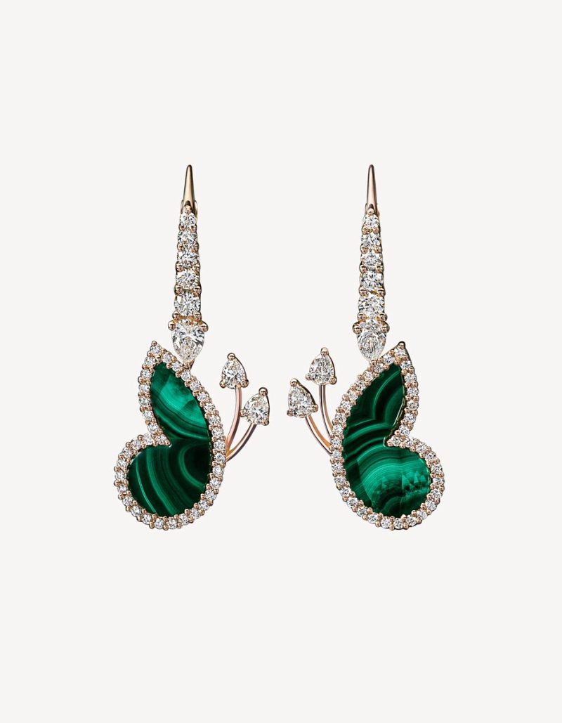Alaghband Butterfly Earrings With Malachites & Diamonds in Rose Gold