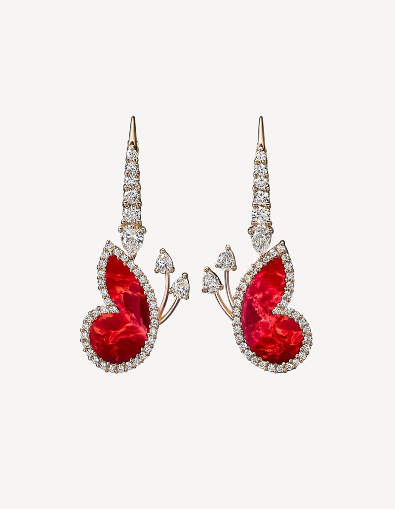 Alaghband Butterfly Earrings With Corals Diamonds in Rose Gold
