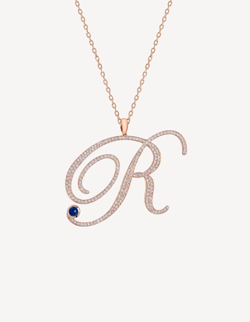 “R” PENDANT WITH DIAMONDS & BLUE SAPPHIRE IN ROSE GOLD
