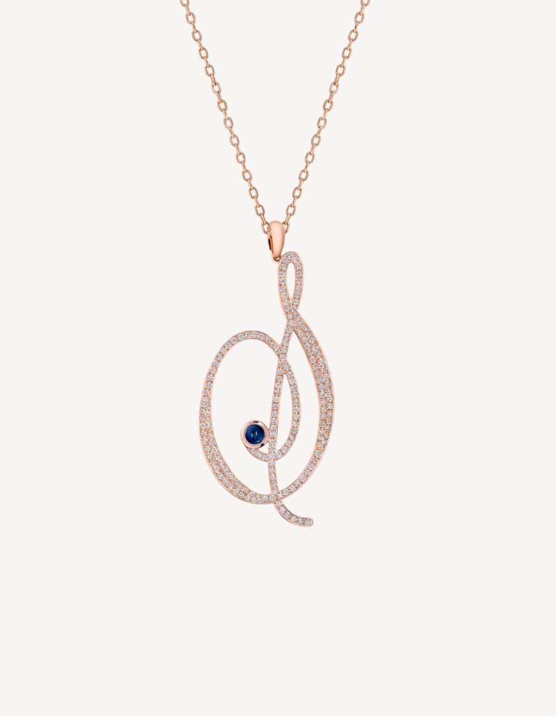 “S” PENDANT WITH DIAMONDS & BLUE SAPPHIRE IN ROSE GOLD
