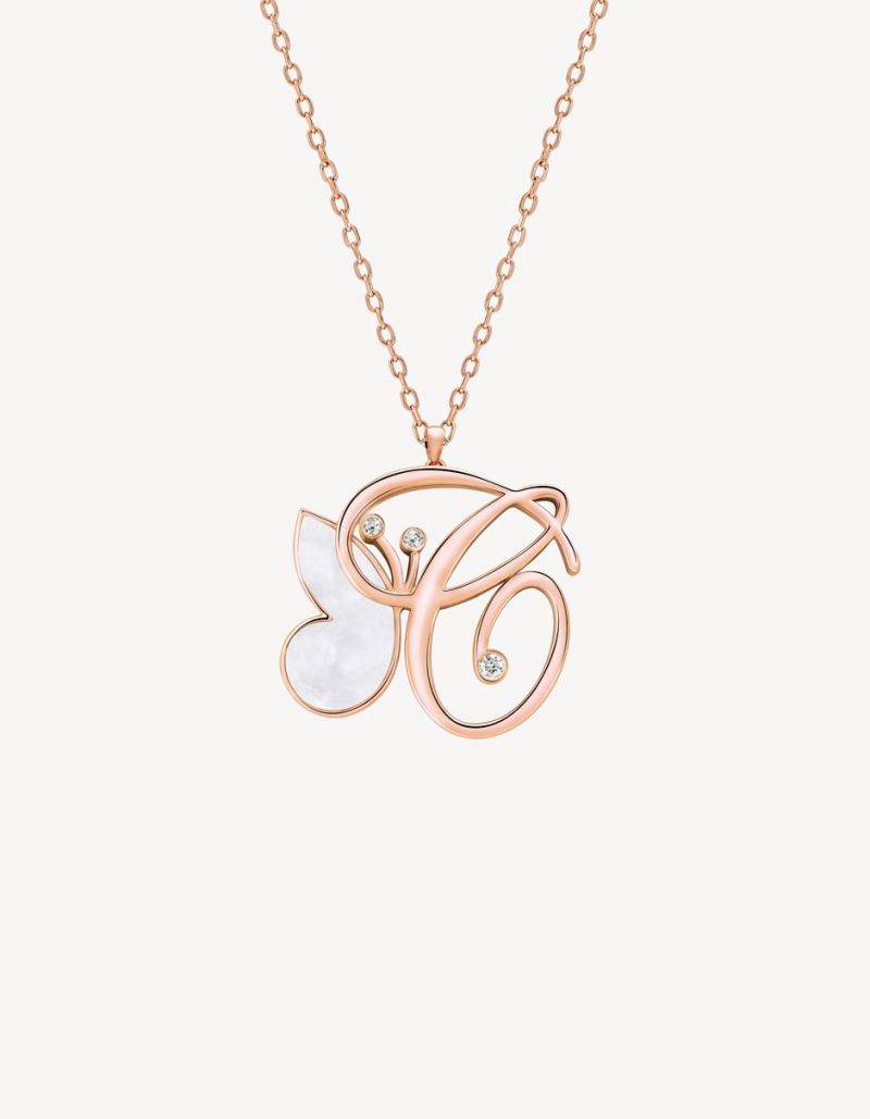 “C” PENDANT WITH MOTHER OF PEARL & DIAMONDS IN ROSE GOLD