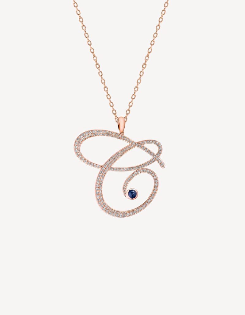 “C PENDANT IN LARGE SIZE WITH DIAMONDS & BLUE SAPPHIRE IN ROSE GOLD