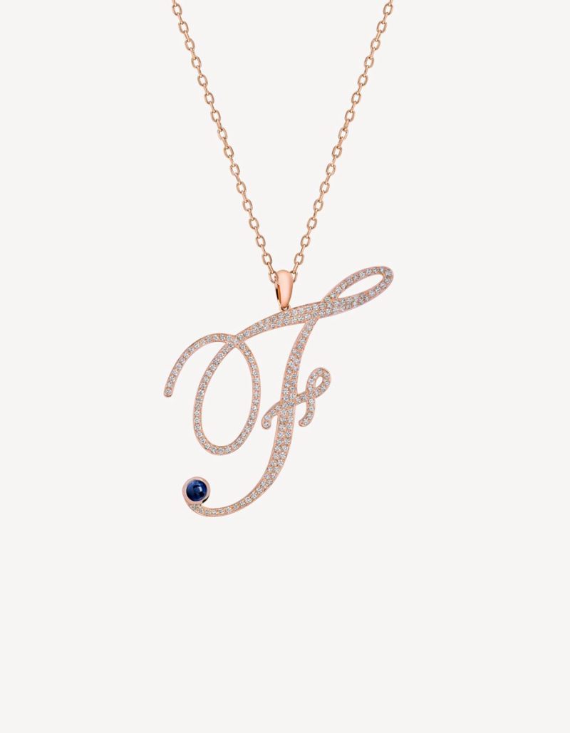 “F” PENDANT WITH DIAMONDS & BLUE SAPPHIRE IN ROSE GOLD