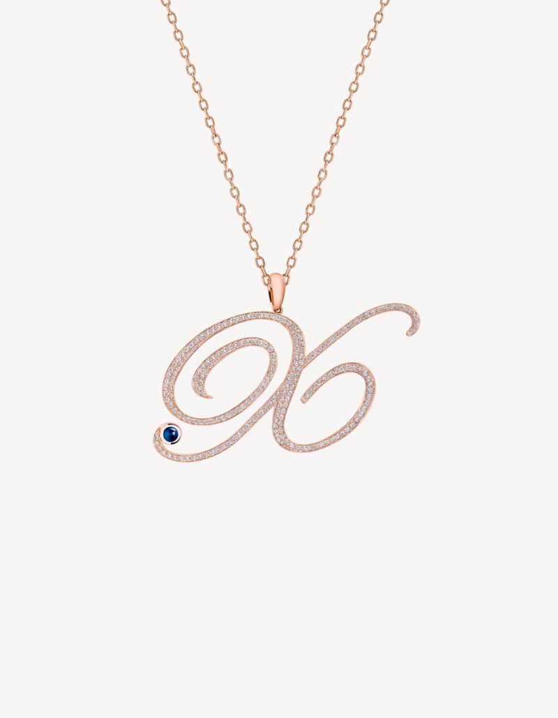 “X” PENDANT WITH DIAMONDS & BLUE SAPPHIRE IN ROSE GOLD