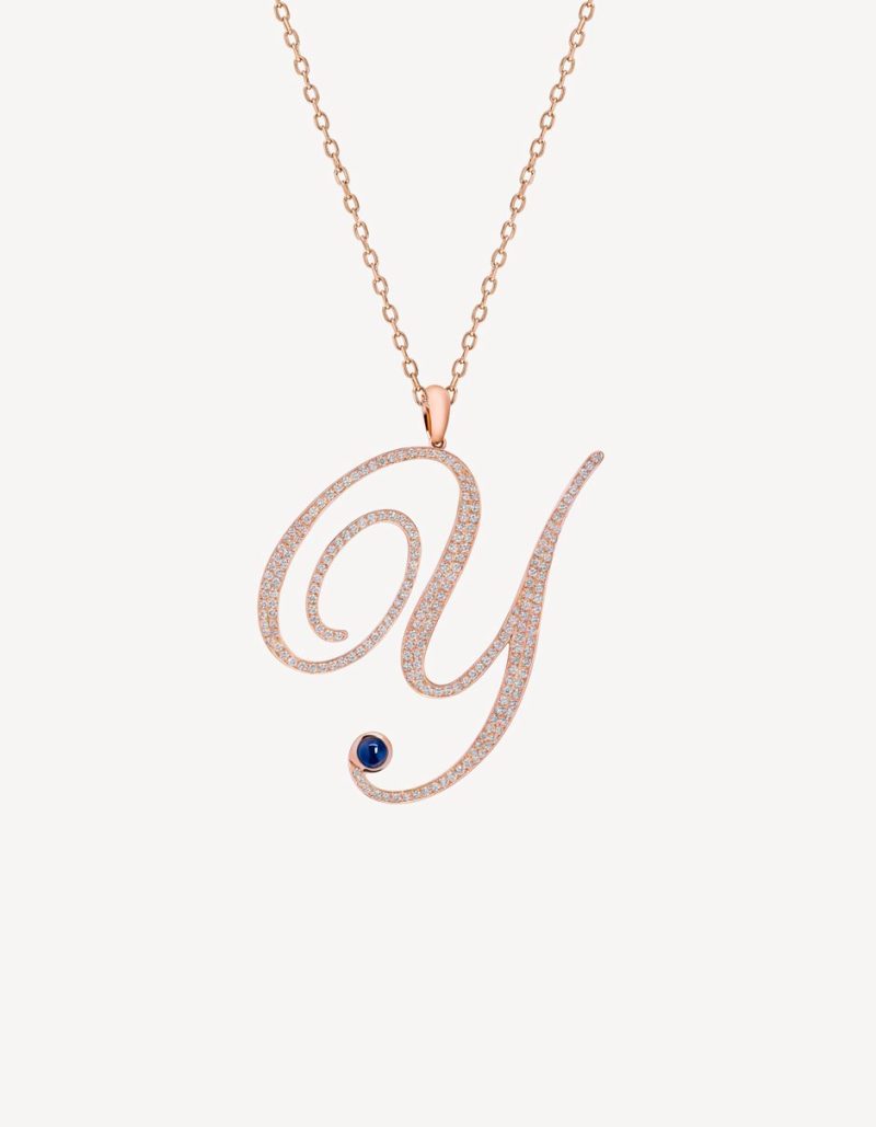 “Y” PENDANT IN LARGE SIZE WITH DIAMONDS & BLUE SAPPHIRE IN ROSE GOLD