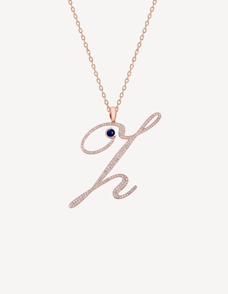 “Z” PENDANT WITH DIAMONDS & BLUE SAPPHIRE IN ROSE GOLD