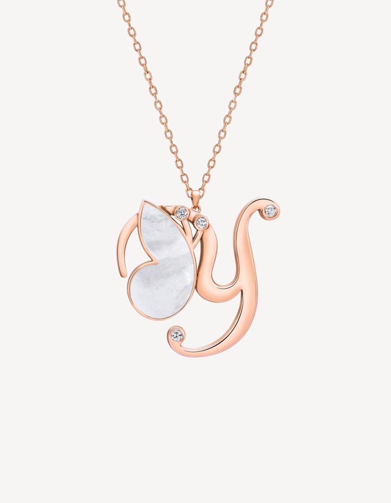 “Y” PENDANT WITH MOTHER OF PEARL & DIAMONDS IN ROSE GOLD