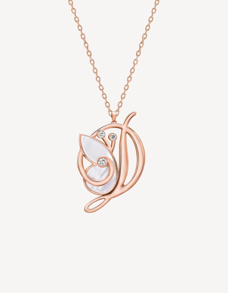 “D” PENDANT WITH MOTHER OF PEARL & DIAMONDS IN ROSE GOLD